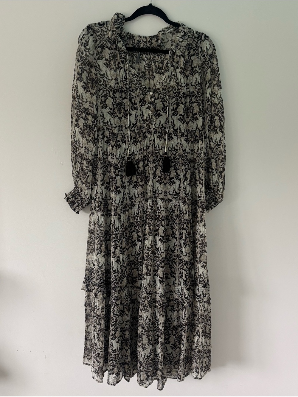 Anthropologie Marais Chiffon Maxi Dress Rabbit Damask Black White XS